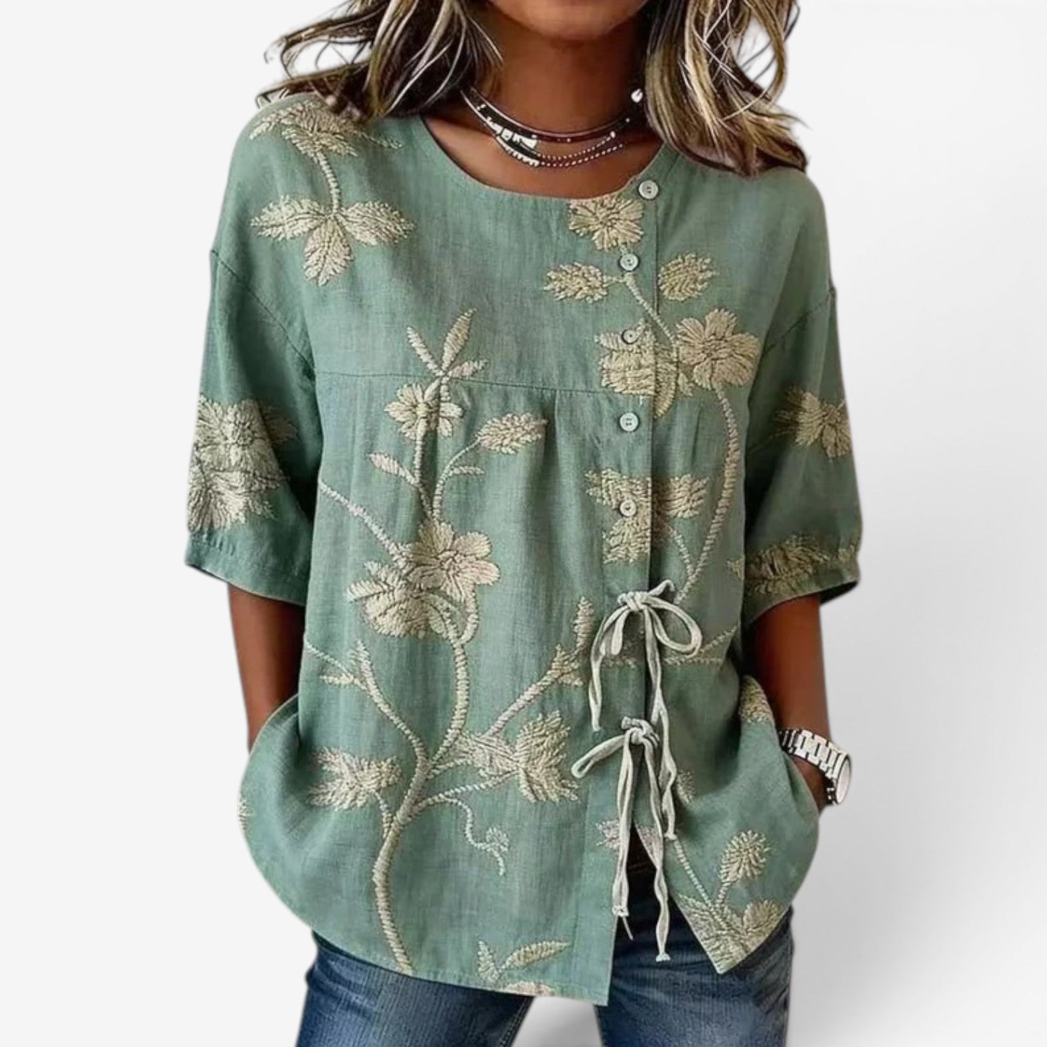 Melena™ Broderet hørbluse