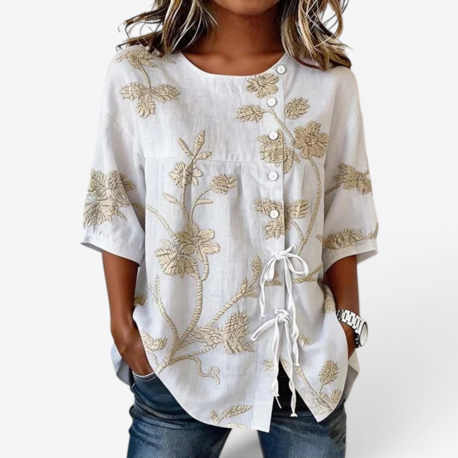 Melena™ Broderet hørbluse