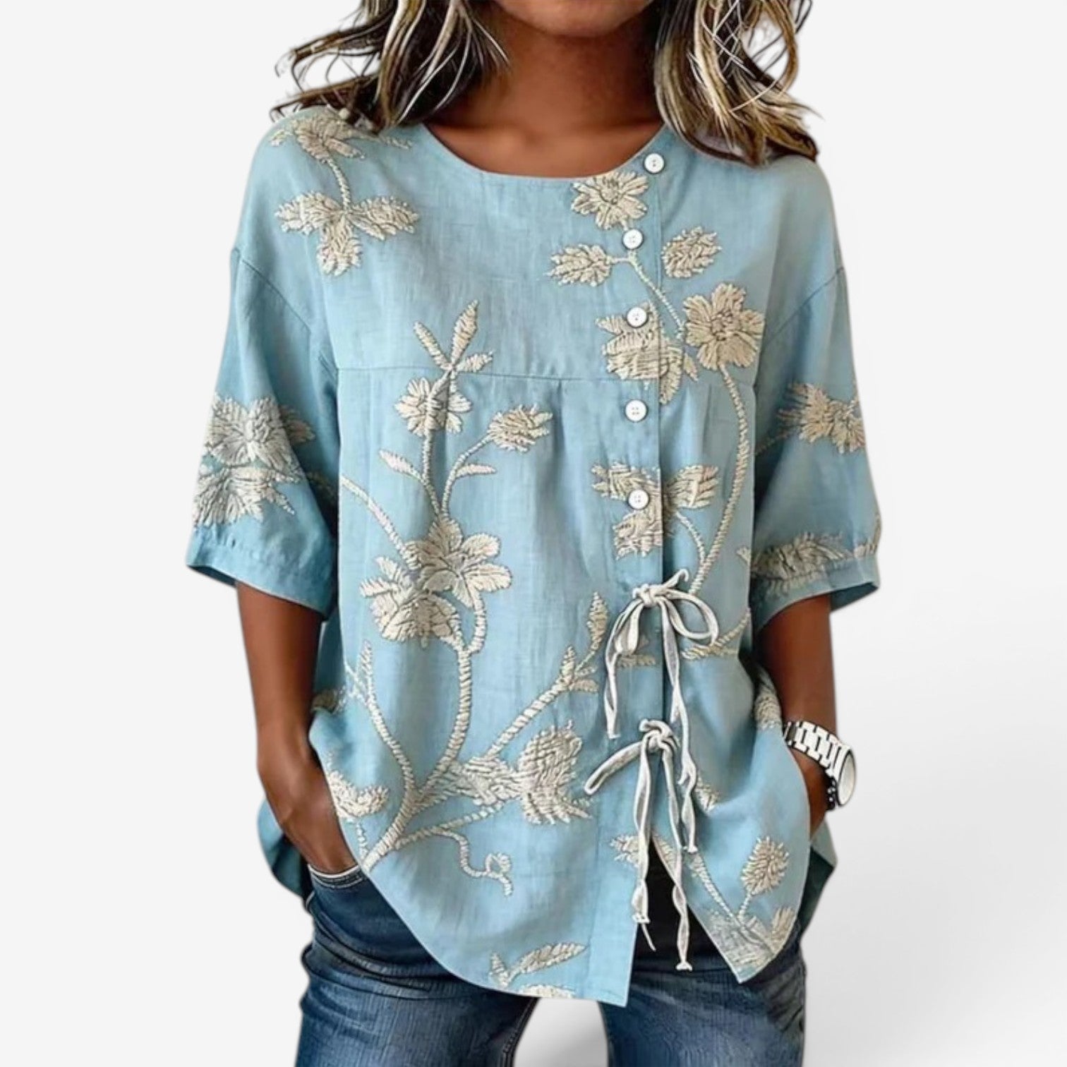Melena™ Broderet hørbluse